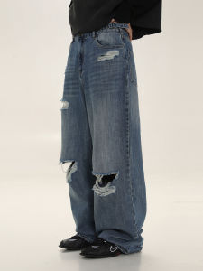 MASONPRINCE American Retro Washed Loose Hole Jeans Mens Trendy Brand INS Thin Casual Straight Leg Pants Youth Long Trousers