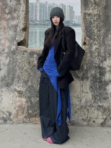 High Waist Extended Length Loose Wide Leg Deep Blue Denim Jeans Women Spring Summer High Waist Drapey Floor-Length Pants