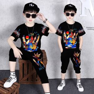Boys Summer Cotton Set Short Sleeve T-Shirt And Seven-Quarter Pants Cute Childrens Clothing Casual Style Cartoon Pattern