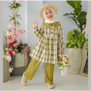 Baju Setelan Muslim Anak Kekinian || Set Tunik Kotak Kotak || Pakaian Anak Perempuan Usia 2 - 6 Tahun