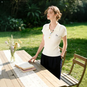 puella | Summer High-end Korean Style Embroidery with Colored Buttons Knitted Polo Shirt