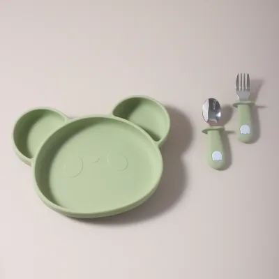 Toddler Feeding Plate with Silicone Suction and Stainless Steel Utensils