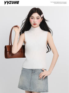 Sweet And Spicy Casual Solid Color Knitted Vest Half High Collar Slim Fit Inner Wear Top for Autumn 2025 Trendy Design