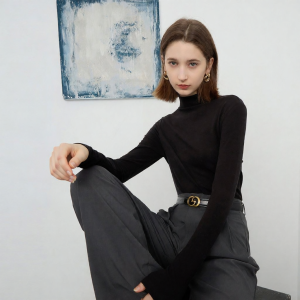 3COLOUR·S | Spring New Half-Neck Black Long Sleeve Fitted T-Shirt