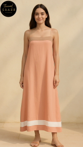 Dress & Dazzle Elegant Soft Linen Maxi Dress in Caramel/Tan/ Salmon with Striped Contrast - Comfortable Casual Womenswear M to Semi L