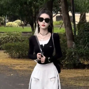 Fall Season Spicy Girl Square Collar Short Sleeve Long Sleeve Womens Base Shirt Inner Wear T-Shirt Short Style Waist Cardigan