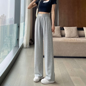 กางเกงขายาวทรงหลวมเอวสูงผ้าไหมน้ำแข็งสีเทาอ่อนสำหรับผู้หญิงในช่วงฤดูร้อน กางเกงขายาวทรงตรงหลวมๆ ลำลอง ทรงหลวม สไตล์ใหม่