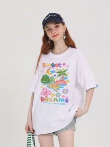 เสื้อยืดคอกลมแขนสั้นผ้าฝ้ายพิมพ์ลายสีขาว ทรงหลวม ทรงหลวม ทรงเข้ารูป ทรงเข้ารูป เสื้อยืดคอกลมสำหรับผู้หญิงในฤดูร้อน