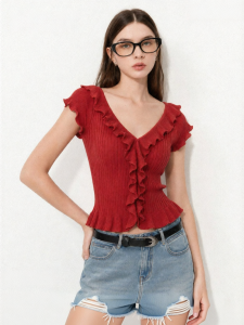 D-PLAY | Red V-neck Ruffled Bell Sleeve Knit Blouse Women