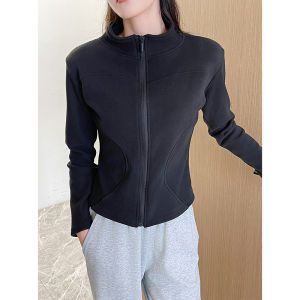 White Fleece Lined Sporty Fit Yoga Top Womens Autumn Winter Thick Warm Short Cardigan Jacket Zipper Closure Solid Color