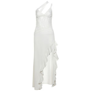 Kliou Lace Splice Strapless Long Dress Womens Design Sense Slit Slimming Asymmetrical Summer Fashion High Waist Polyester