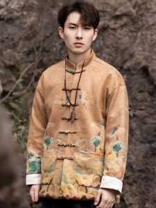 New Chinese Style Mens Tang Suit Jacket Autumn Winter Loose Fit Button Decorated Printed Casual Outerwear Youth Fashion