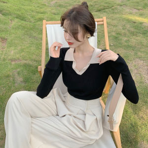 Contrast Color Lapel Knitwear Tops Short