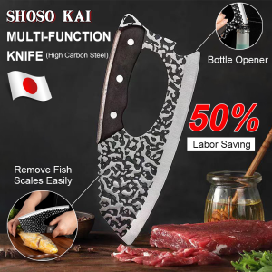 SHOSO KAI Multifunction Knife for Kitchen Japanese Knife Super Sharp Steel Knife Handmade Forged High Quality Meat Cutter Chopping Knife Labor Saving Chef Knife Chopping Vegetables Mincing Meat Opening Bottles Scraping Fish Scales Home Knife Set Kitchen