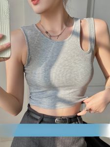 MiiOW | Cat Lady Tank Top Womens Hollow Out Design Built-in Bra Pad Fashionable Versatile Summer Short Sleeve Solid Color Shirt