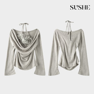 SUSHE | French Romantic Silver Velvet Two Ways Wear Halter Neck Fitted Top