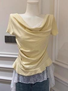 Áo Thun Tay Ngắn Modal Màu Vàng Đơn Giản Phong Cách Hàn Quốc Cho Nữ Mùa Hè Thiết Kế Không Đều Áo Không Có Mũ Trùm Đầu