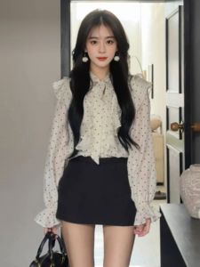 Unique Chic Long Sleeve Blouse with Lace Trim Cold Tone French Style Beautiful Polka Dot Print Casual Loose Fit Womens Shirt