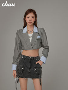 Chuu Embroidered Letter Short Suit Jacket Womens Summer New Style Color Block Frayed Hem Blouse Straight Tube Style Polyester