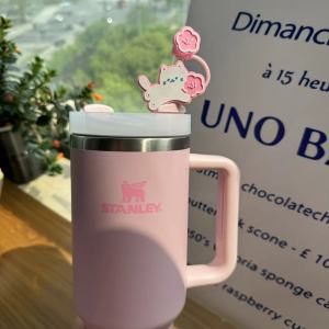 ฝาปิดท่อสูบยางซิลิโคนป้องกันฝุ่นสีชมพูสำหรับแก้วดื่มน้ำแบบมีท่อสำหรับเด็กผู้หญิงรักแมวและผีเสื้อ