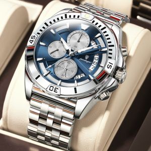 POEDAGAR Genuine Mens Watch Stainless Steel Strap Luminous Calendar Waterproof Chronograph Multi-Function Watch 695