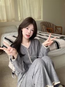Sweet Lace Trim Sleepwear Set Womens Loose Long Sleeve Home Clothes Korean Style Simple High Sensation Spring Autumn New Arrival