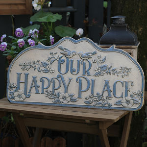 Decorative Iron Art Door Plate Our Happy Place Garden Flower Bird Home Decoration Wall Hanging Piece Handmade Country Style