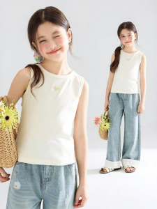 MUCMUKN | Cooling Antibacterial Cotton Colored Flower Embroidery Girls Vest Tshirt
