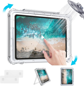 Bathroom Waterproof iPad Protective Case 360° Rotate Wall Mounted Protective Shell for Galaxy Tab S7/HUAWEI MatePad Pro/iPad Pro