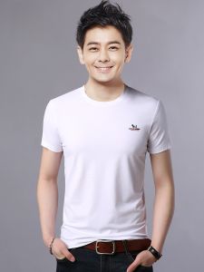 ROMON | Áo thun nam tay ngắn cotton nguyên chất mùa hè mỏng cổ tròn phong cách bố trung niên màu trắng áo lót thường ngày thời trang