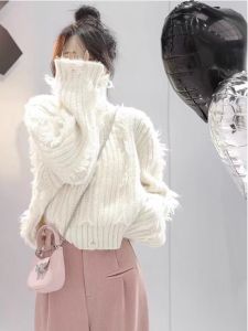 WANGGONGZHU | Tassel Knitted Short High Collar Sweater Women Autumn Winter Fashion Design Sense Niche Hole Knitwear Princess Style Top