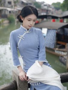 Váy Dài Cạp Cao Màu Xanh Lam Thanh Lịch Cho Nữ Váy Dài Cổ Điển Mới Phong Cách Trung Hoa Đơn Giản Thon Gọn Thanh Lịch