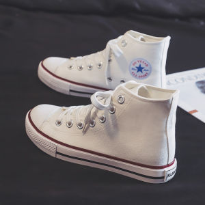 2024 Womens High Top Canvas Shoes Korean Style Versatile Casual Cross Laced Rubber Bottom round Toe Pure Color Student Sneakers