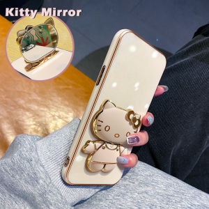 MHKEID Casing Ponsel untuk VIVO Y50 Y30 Y30I Y51 2020 Y51A Y31 2021 Y53s Y33 Y35 Y02 Y02A Y11 2023 Case Clever Hello Kitty mirror HP ponsel berdiri desain baru Plating lipat Kesing ponsel penuh penutup lensa kamera pelindung Casing