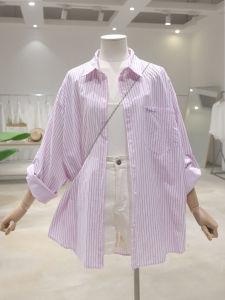 Sun Protection Cotton Shirt Womens Loose Fit Long Sleeve Thin Striped Letter Embroidery Mid-Length Summer Autumn Shirt