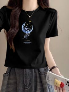 LINGLONGDAI | Áo thun cotton đen tay ngắn mùa hè mới cho nữ áo thun cotton nguyên chất in họa tiết dáng rộng cổ tròn dài vừa phải