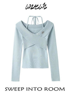 เสื้อสเวตเตอร์ถักคอวีแขนยาวทรงเข้ารูปสีพื้นสไตล์ฝรั่งเศส สำหรับผู้หญิง ฤดูใบไม้ร่วง 2025 จีนแผ่นดินใหญ่