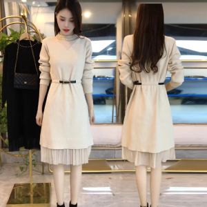 Womens Knitted Dress with Mesh Paneling High Collar Waist-Cinching Long Sleeve Mid-Length Korean Style Commute Fashion