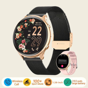 Smart watch for women always-on display IP67 fitness tracker with sleep monitoring/menstrual cycle black gold