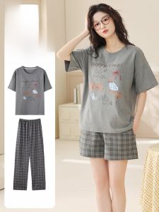 MiiOW | ชุดนอนผู้หญิง MiiOW คอกลมแขนสั้นหลวมๆ 3 ชิ้น ชุดนอนฤดูร้อน ผ้าฝ้ายแท้ ชุดอยู่บ้าน ชุดนอนฤดูร้อน ชุดนอนฤดูใบไม้ผลิ