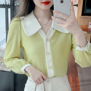 AMMIN เสื้อเบลาส์สำหรับผู้หญิงเสื้อเบลาส์ปกแขนยาวกระดุมแถวเดียวเสื้อชีฟองสไตล์ฉบับภาษาเกาหลีเรียบหรูฤดูใบไม้ผลิและฤดูใบไม้ร่วง