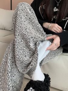 Womens Thickened Fleece Wide Leg Pants Autumn Winter New Style High Waist Trousers Loose Fit Casual Straight Cut Stripe Trousers