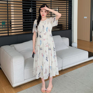 เดรสหลวมสำหรับผู้หญิงตั้งครรภ์ถ่ายภาพจริงเดรสคนเป็นแม่พิมพ์ลายทรงหลวมกระโปรงผ้าชิฟฟอนความยาวปานกลาง