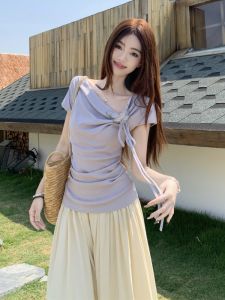 GUZILIAN | French Purple Butterfly Short Sleeve T-Shirt Womens Summer Design Slimming Waist Insecurite Top Korean Style Loose Fit Pure E-commerce