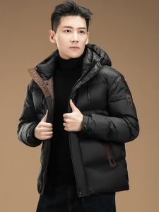 ROMON | Lormen Short Puffer Jacket Mens Thickened Warm Bread Style Casual Hooded Coat Youth Polyester Fiber White Duck Down Filling