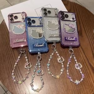 Sanrio | Gradient Glitter Mirror Phone Case For iPhone 17 16 15 Pro Max Plus Air 14 13 12 11 X Bling Beaded Wrist Chain Shockproof Cover