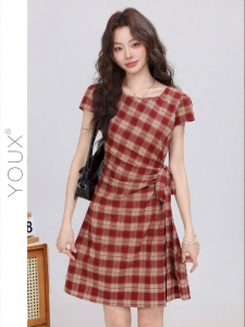 YOUXIANG | Đầm Tey Short Tay In Hình Caro Nẹp Eo