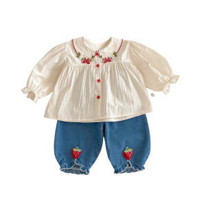 2025 สไตล์เกาหลีน่ารักปักสตรอเบอร์รี่ออกแบบเด็กผู้หญิงเสื้อกางเกงยีนส์ชุดเด็ก Outwear เสื้อผ้าชุดเสื้อผ้า