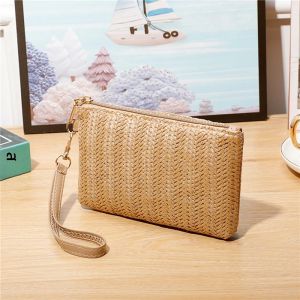 กระเป๋าสานแฟชั่นผู้หญิงทรงคลัทช์คลัทช์มีสายคล้องข้อมือของผู้หญิงกระเป๋าคลัทช์โทรศัพท์กระเป๋าฟางถักสีทึบกระเป๋าเงินชายหาด dompet koin ใส่บัตร