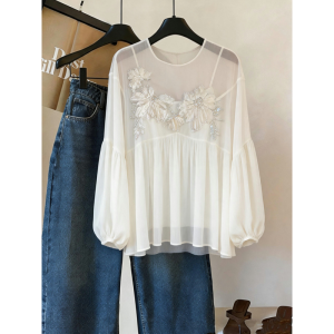 AEJUONOS | Design Sensory Luxury Floral Embroidery Lantern Sleeve White Blouse